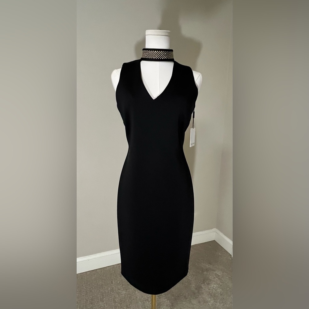 NWT Calvin Klein Black Keyhole Gold Studded Chocker Midi Dress